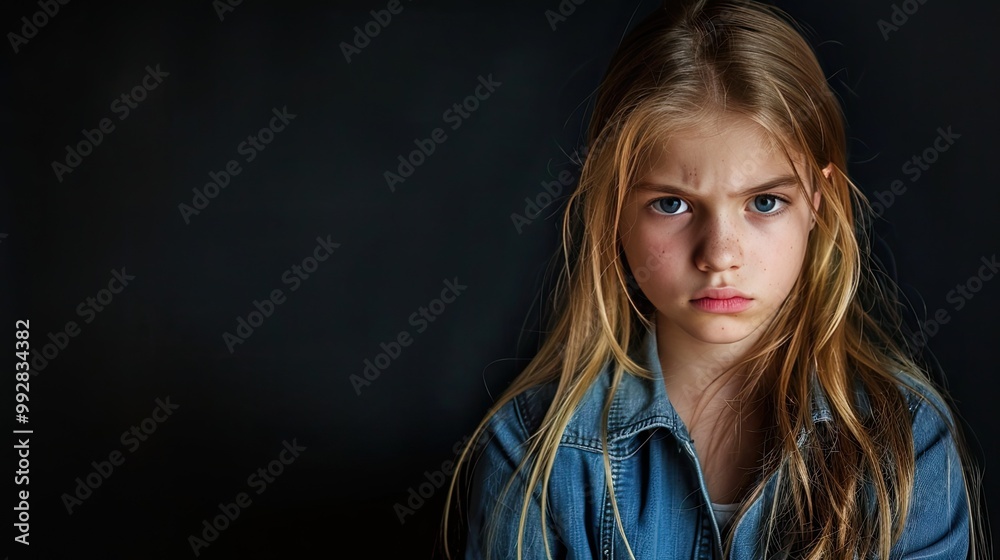 Upset young girl on black background. Upset young girl on black background.