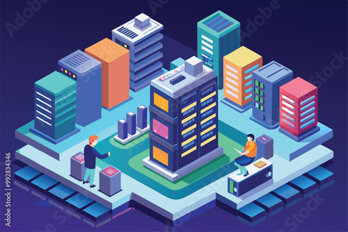 This illustration features a modern urban landscape with servers and animated users engaged in activity, Customizable isometric illustration for servers.