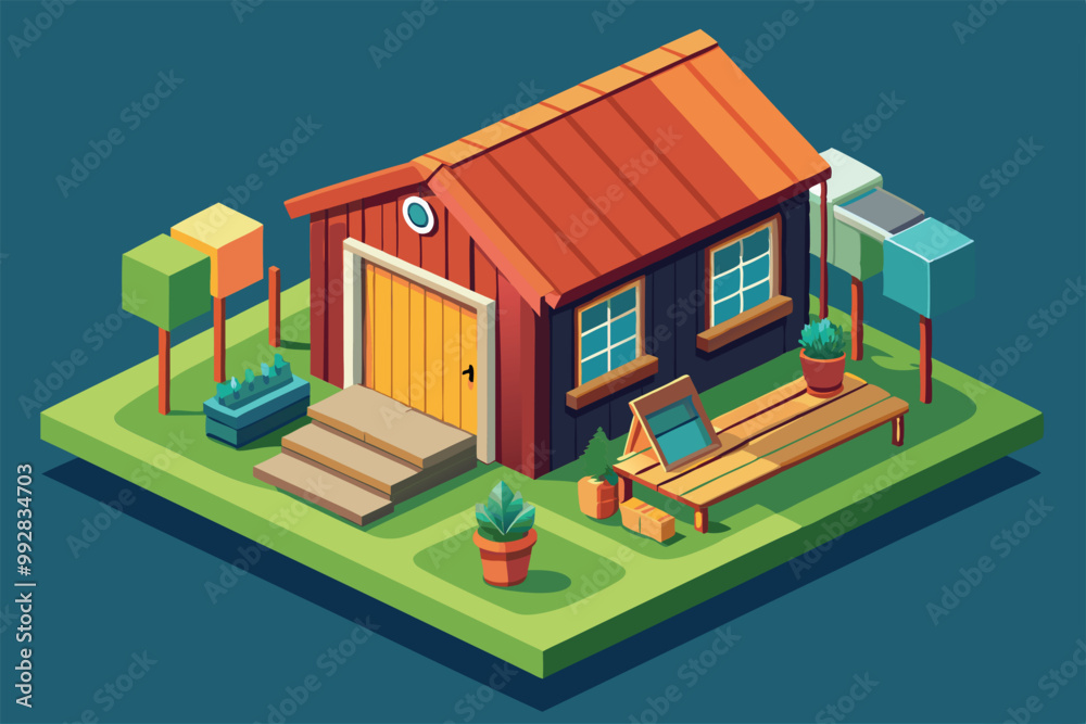 A vibrant isometric illustration featuring a cozy garden shed surrounded by greenery and outdoor decor, Customizable isometric illustration for sheds. A vibrant isometric illustration featuring a cozy garden shed surrounded by greenery and outdoor decor, Customizable isometric illustration for sheds.