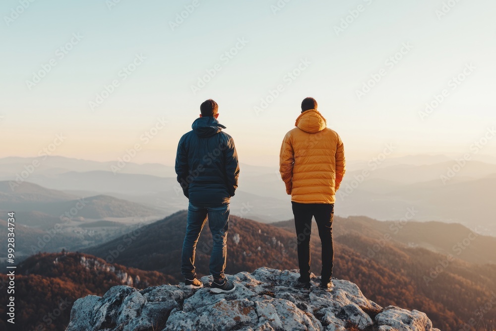 Fototapeta premium Two Friends Standing At A Mountain Summit, Taking In The Breathtaking View. The Sky Is Clear And The Sun Is Shining Brightly