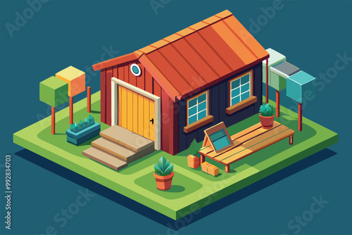 A vibrant isometric illustration featuring a cozy garden shed surrounded by greenery and outdoor decor, Customizable isometric illustration for sheds.