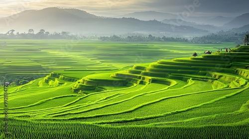 Lush green rice paddies stretching out into the horizon, workers in the distance, soft sunlight, wide-angle, vibrant greens, calm and peaceful, capturing the rhythm of rural life photo