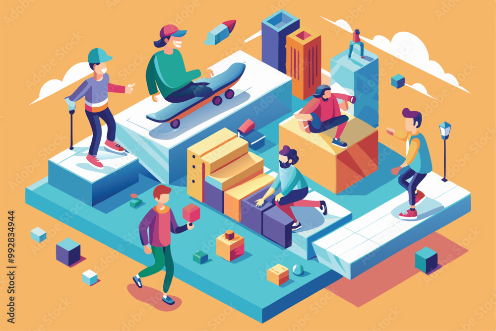 Skaters perform tricks and ride in a lively urban setting filled with colorful geometric shapes, Customizable Isometric Illustration for Skate Buddies Skaters perform tricks and ride in a lively urban setting filled with colorful geometric shapes, Customizable Isometric Illustration for Skate Buddies