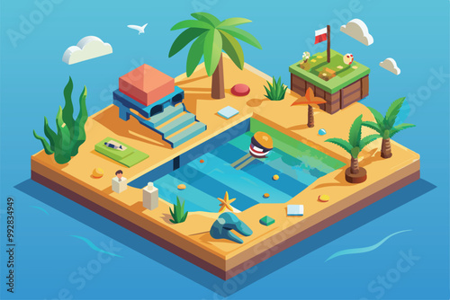 Explore a vibrant tropical island featuring snorkeling activities, tropical plants, and serene waters, Customizable isometric illustration for snorkeling.