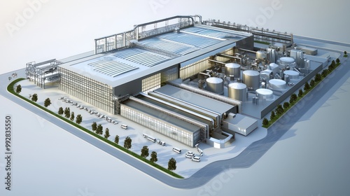 Architectural plan of a zero-carbon emission factory, focusing on renewable energy use and waste reduction processes