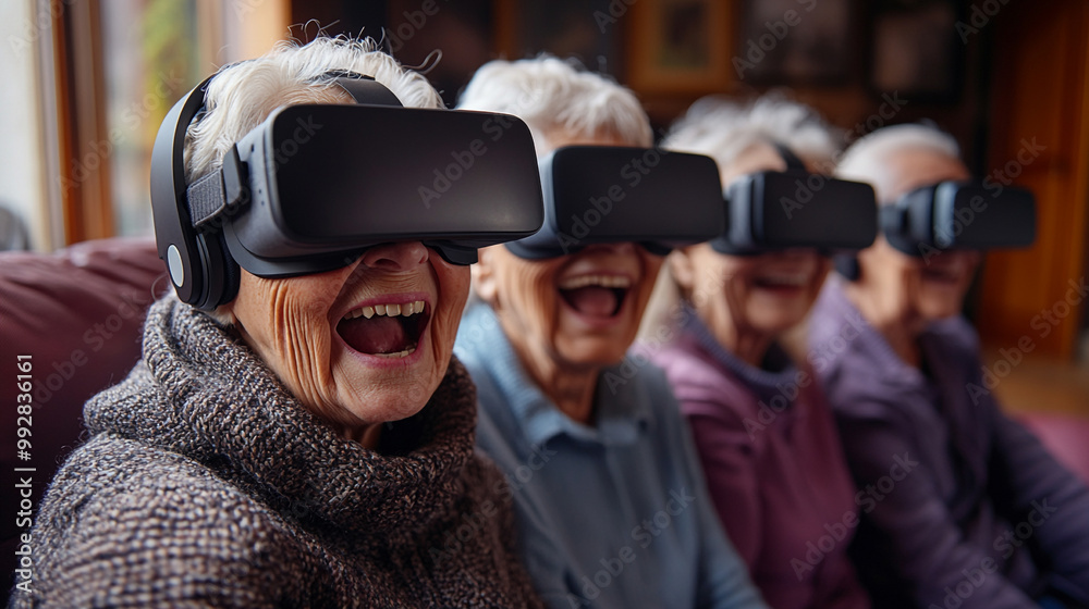 Elderly women enjoying virtual reality experience, showcasing joy and engagement in technology, promoting active aging and fun. Elderly women enjoying virtual reality experience, showcasing joy and engagement in technology, promoting active aging and fun.