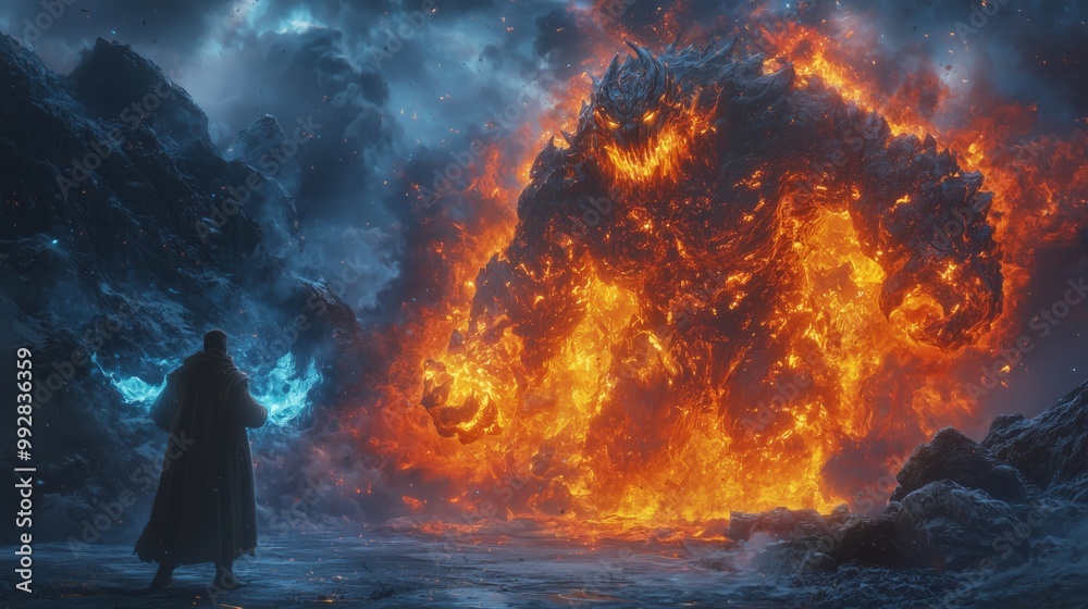 Icy Mage Facing a Titanic Fiery Creature Icy Mage Facing a Titanic Fiery Creature