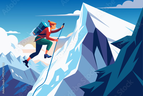 Woman mountaineer climbing a steep icy mountain