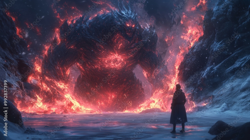 Fototapeta premium Epic Battle Between Mage and Titanic Monster in Fantasy Realm