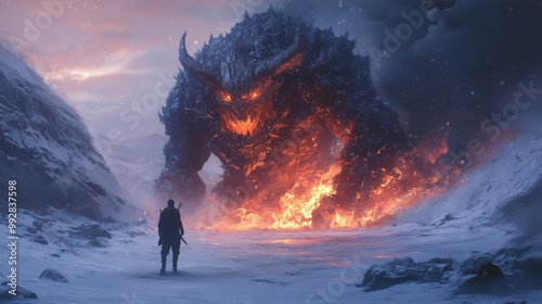 Heroic Figure in Frozen Wasteland Confronting Colossal Beast