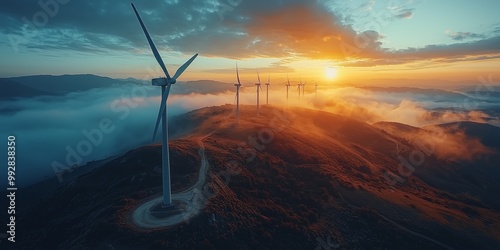 Wind Turbines at Sunset on Mountainside