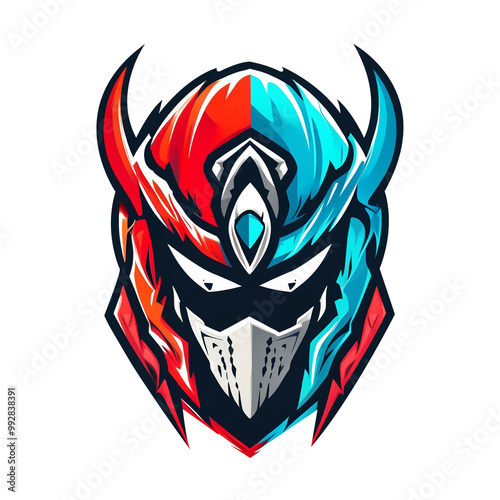 A helmet with a devil on top and a star on the bottom. The helmet is red and blue