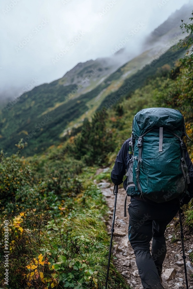 A Hiker Using Trekking Poles To Climb A Steep Mountain Path. The Landscape Is Rugged And Challenging