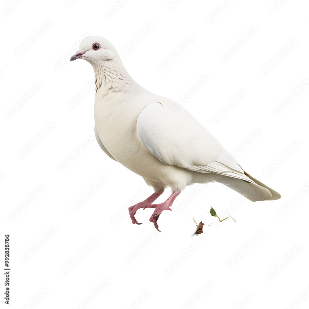 White Dove Perched On Branch With Green Leaves Isolated On White Background White Dove Perched On Branch With Green Leaves Isolated On White Background