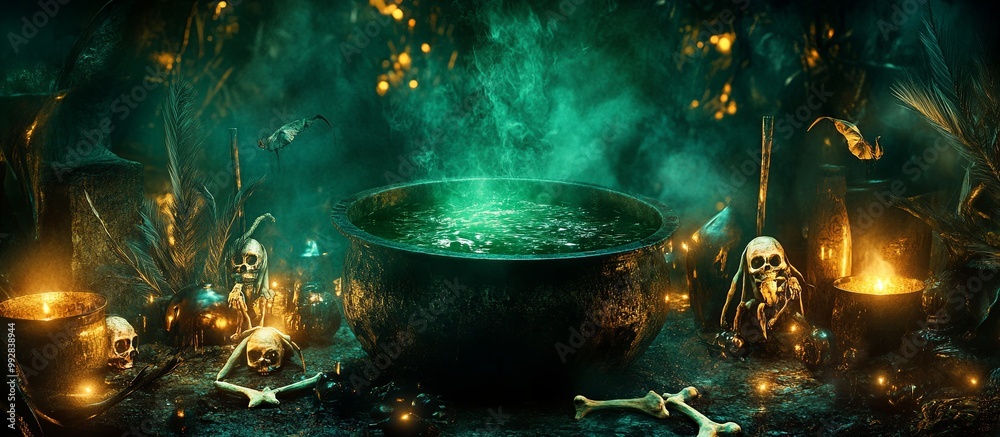 An ominous cauldron bubbling with a mysterious potion, surrounded by voodoo dolls, bones, and dark feathers. An ominous cauldron bubbling with a mysterious potion, surrounded by voodoo dolls, bones, and dark feathers.