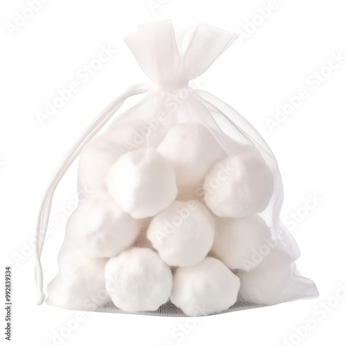 White Cotton Balls In Sheer Drawstring Bag Isolated On White Background