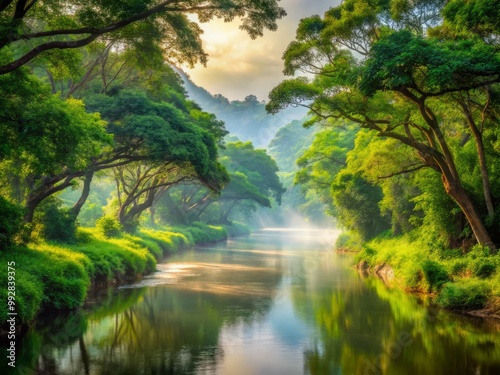 Riverbanks stretch far and wide, lined with lush canopies that blend seamlessly with the misty morning atmosphere.