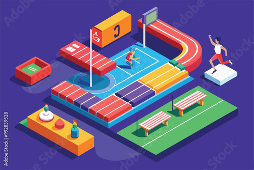 A colorful isometric illustration displays a detailed track and field setup with various athletic features, Customizable isometric illustration for track and field.
