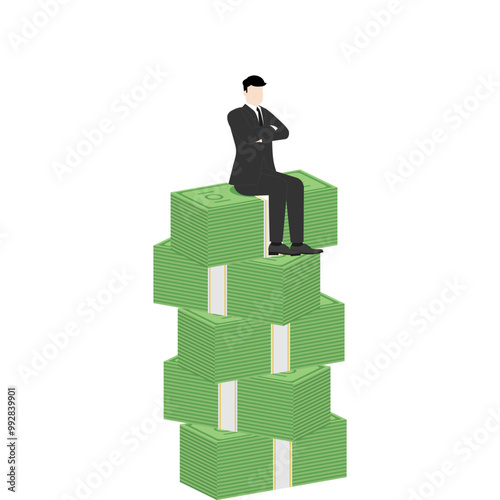 A successful leader visionary businessman sitting confidently on a stack of banknotes. Concepts of money, investment, wealth, financial growth, and strategic business decisions in competitive economy.