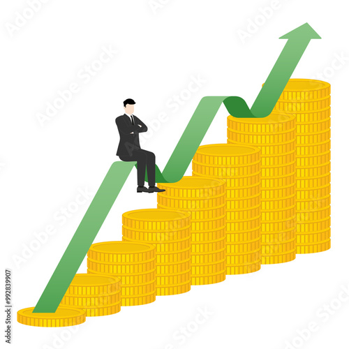 A successful leader businessman sitting confidently on a stack up of coins and green graph rising, Money, investment, wealth, financial growth, and strategic business decisions in competitive economy
