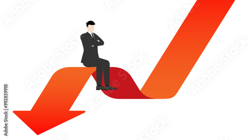 A successful leader visionary businessman sitting confidently on a red arrow down. Concepts of money, investment, wealth, financial growth, and strategic business decisions in competitive economy