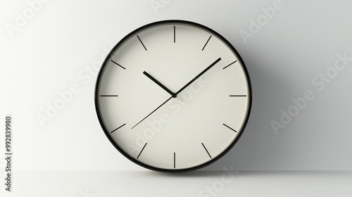 Minimalist Wall Clock with Black Hands on White Background