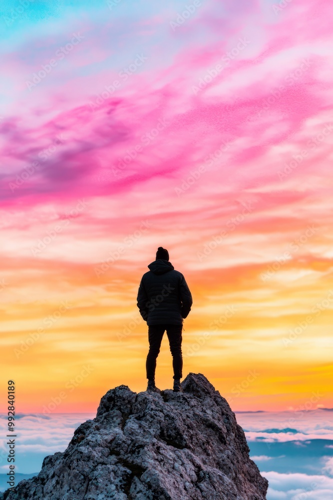 A Lone Hiker Watching The Sunrise From A Mountain Peak. The Sky Is Painted With Vibrant Colors A Lone Hiker Watching The Sunrise From A Mountain Peak. The Sky Is Painted With Vibrant Colors