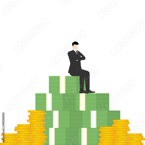 A successful leader businessman sitting confidently on a stack of coins and banknotes, Concepts of money, investment, wealth, financial growth, and strategic business decisions in competitive economy