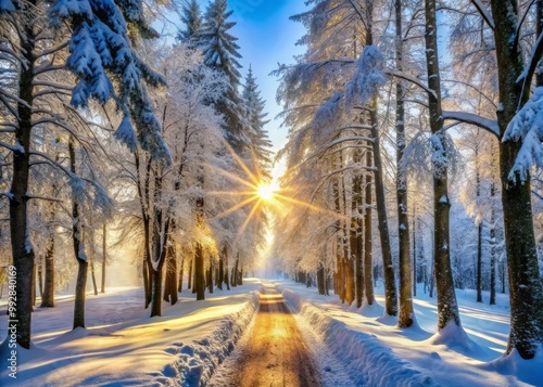 Pristine snowflakes delicately fall on towering trees lining a winding path as radiant sunlight peeks through the frozen landscape.