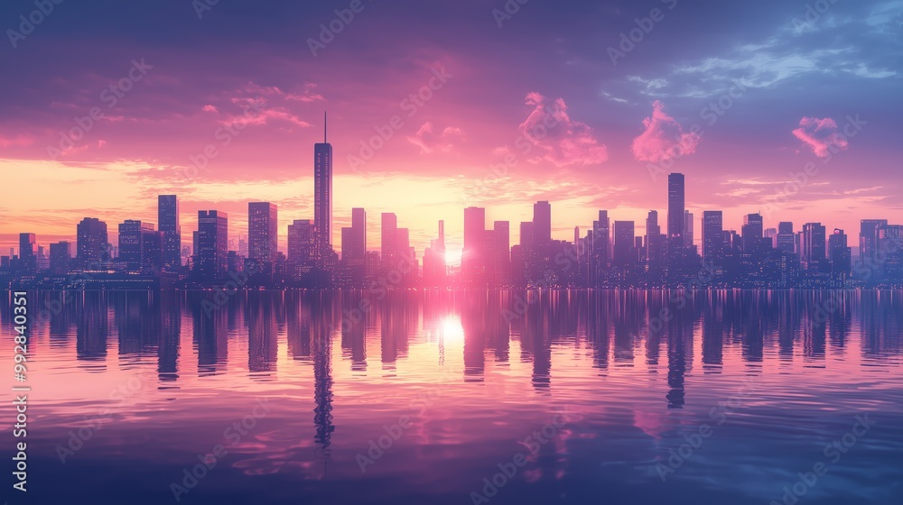 Vibrant Sunset Over Geometric City Skyline