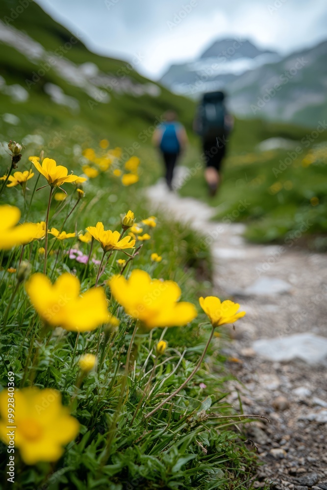 Obraz premium Hikers Following A Winding Path Through An Alpine Meadow, Dotted With Blooming Flowers. The Air Is Fresh And Cool