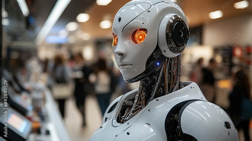 A female humanoid AI robot in a science lab represents advancements in robotics and artificial intelligence. A female humanoid AI robot in a science lab represents advancements in robotics and artificial intelligence.