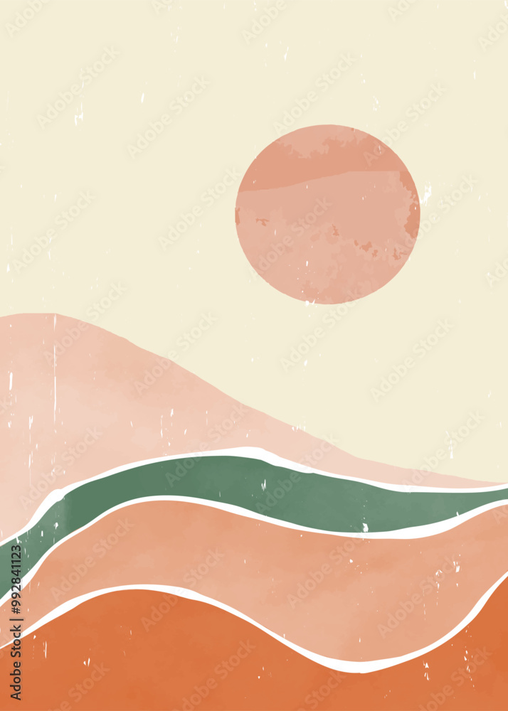 Fototapeta premium Abstract Mountain background illustration. Mid century modern wall art. Mountain, Hills and line art. use for wallpaper, print art, poster, cover and banner