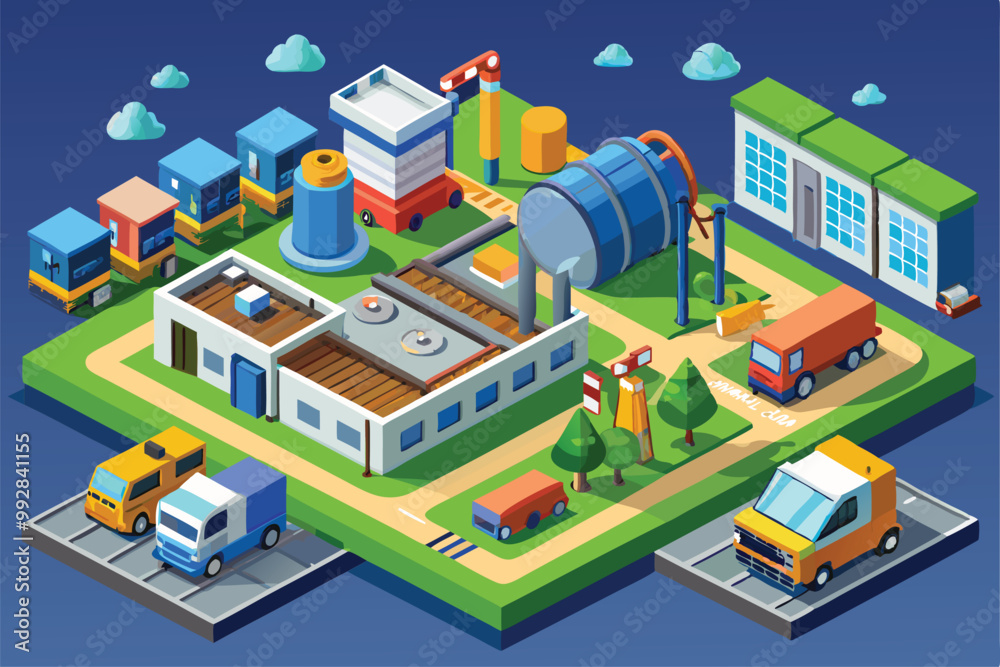 A detailed isometric illustration showcases a waste management facility with trucks, storage, and processing areas, Customizable isometric illustration for waste management. A detailed isometric illustration showcases a waste management facility with trucks, storage, and processing areas, Customizable isometric illustration for waste management.