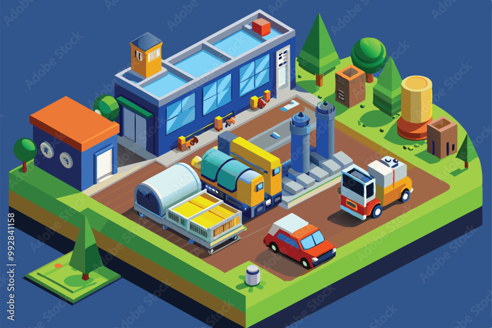A detailed isometric view of a waste management facility featuring trucks, bins, and processing equipment, Customizable isometric illustration for waste management. A detailed isometric view of a waste management facility featuring trucks, bins, and processing equipment, Customizable isometric illustration for waste management.