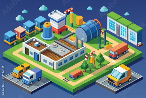 A detailed isometric illustration showcases a waste management facility with trucks, storage, and processing areas, Customizable isometric illustration for waste management.