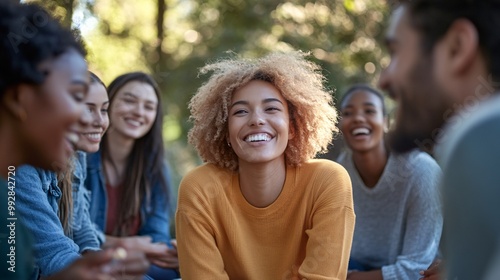 Joyful Group of Friends Enjoying Outdoor Conversation