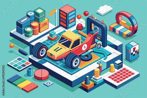 A vivid workspace features a customizable racing car surrounded by design elements and tools for creativity, Customizable Isometric Illustration Formula