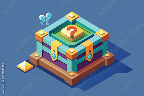 A colorful isometric chest with a question mark hints at hidden treasures and secrets waiting to be discovered, Customizable isometric illustration in a mystery box.