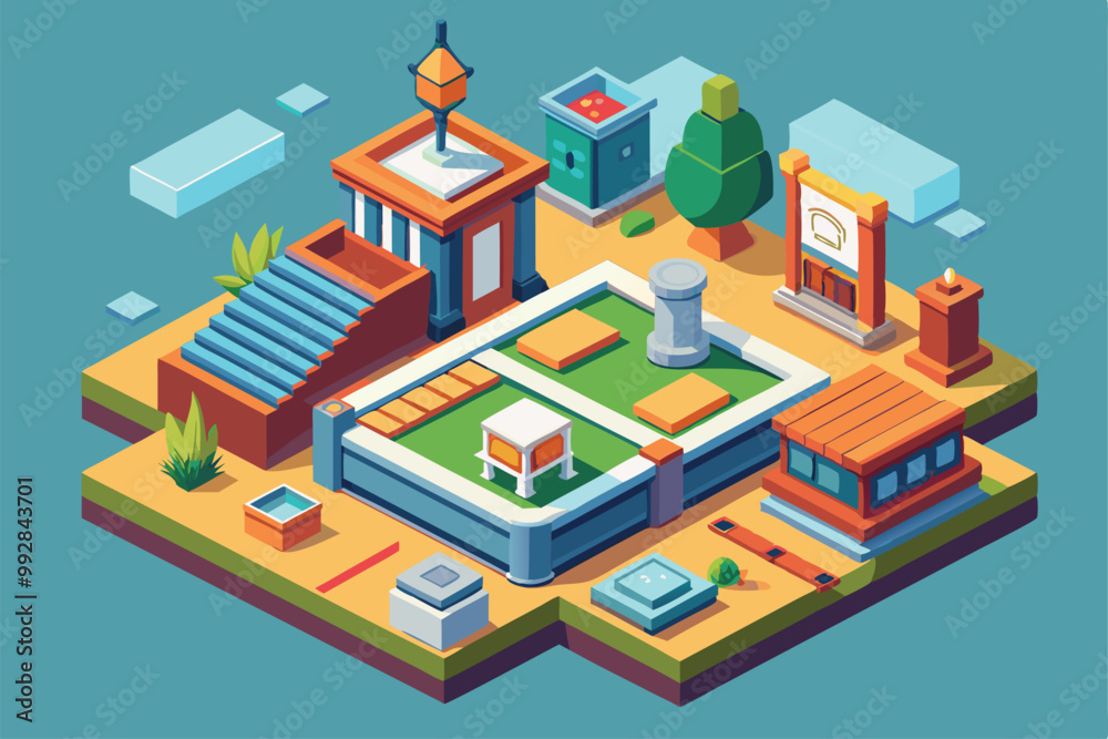 A detailed isometric view showcasing a first-class outdoor area with diverse landscaping elements, Customizable Isometric Illustration in First Class. A detailed isometric view showcasing a first-class outdoor area with diverse landscaping elements, Customizable Isometric Illustration in First Class.