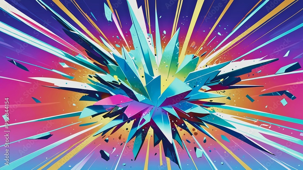 ブルーのウリスタルが砕け散るカラフルなサンバースト