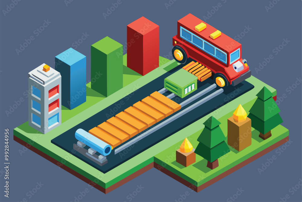Naklejka premium A vibrant isometric illustration shows various vehicles loading on a path surrounded by trees and buildings, Customizable Isometric Illustration Loading