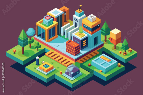 A colorful isometric cityscape features modern buildings, greenery, and customizable elements for design, Customizable isometric illustration manipulation.