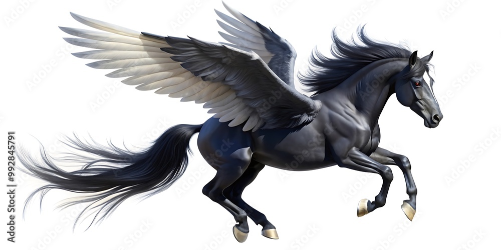 Fototapeta premium Mythical Pegasus Horse Picture. Black Winged Horse Design.