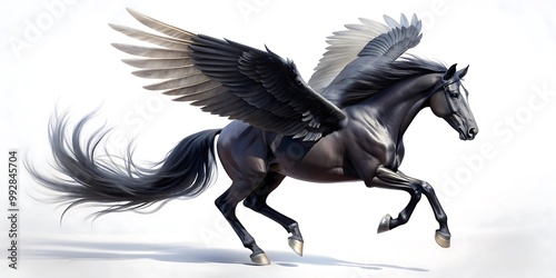 Black Pegasus with Majestic Wings. Fantasy Black Horse Art. Winged Horse in Flight Image.