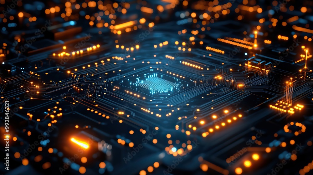 A futuristic circuit board illustration, combining various technology elements to create a digital abstract design. A futuristic circuit board illustration, combining various technology elements to create a digital abstract design.