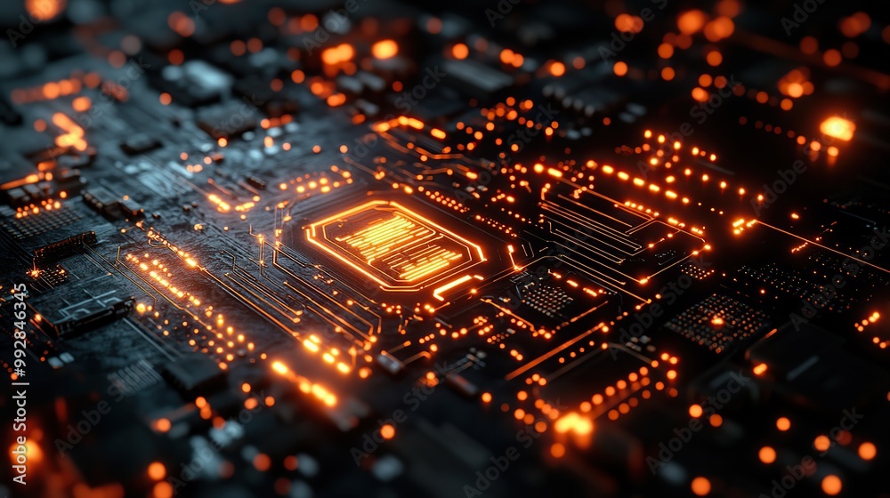 Obraz premium A futuristic circuit board illustration, combining various technology elements to create a digital abstract design.