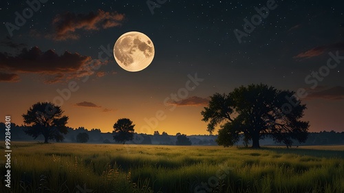 Nightfall in the Harvest Meadow. A full moon illuminating a peaceful meadow on a calm autumn night. Realistic style. photo