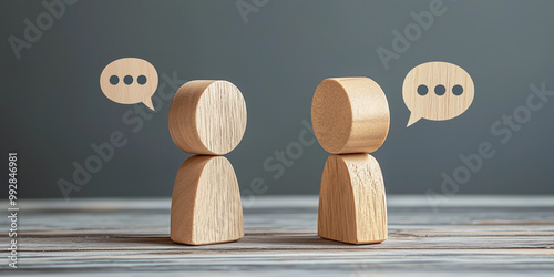 Two wooden figures engaged in a conversation with speech bubbles on a dark gray background, symbolizing dialogue and interaction with a minimalist aesthetic.