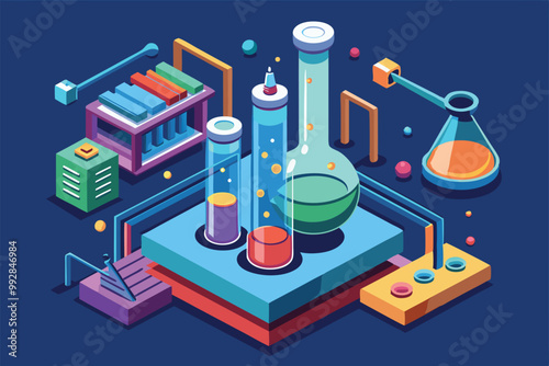 A vibrant isometric design showcasing laboratory glassware, books, and scientific tools in use, Customizable isometric illustration of a beaker in chemistry.